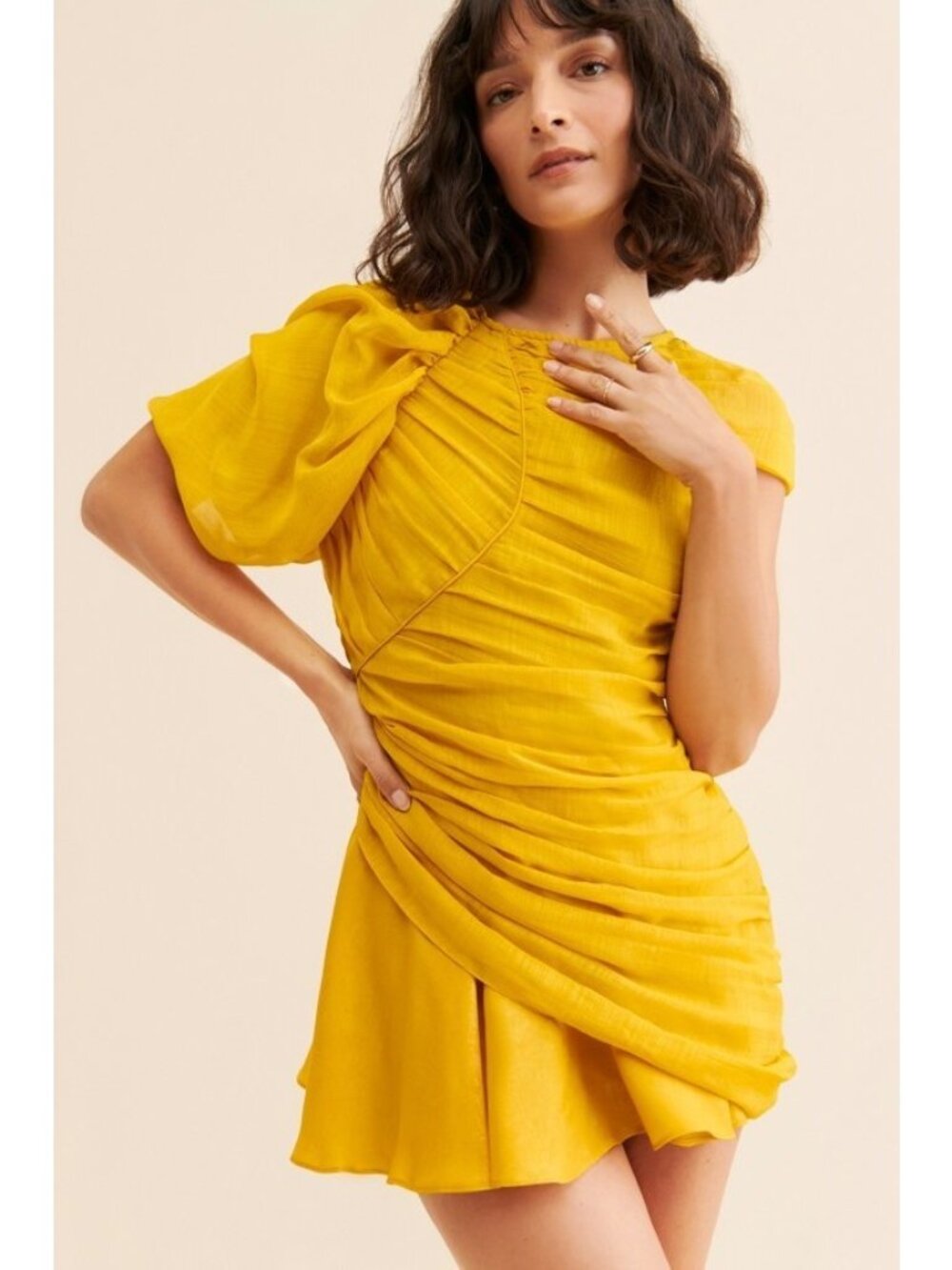 Bhanuni by Jyoti Anthropologie Golden Yellow Draped One Sleeve Mini Dress Size L